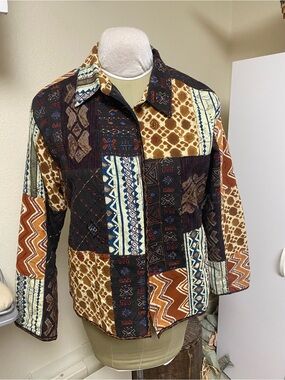 Chico's size 3 (XL) Patchwork Print Button-Up Jacket in Brown Multi